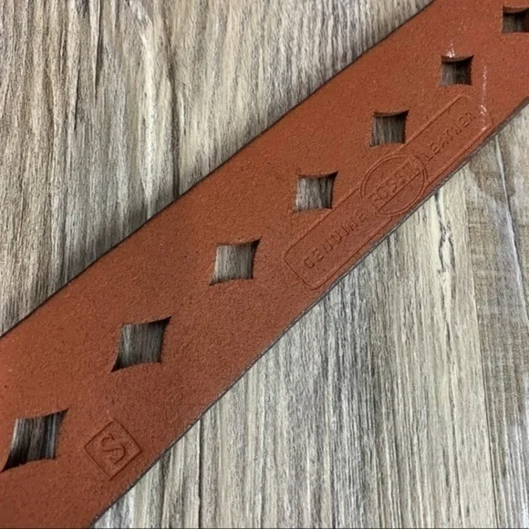Brown Tooled Punched Leather Belt Gold Tone Metal Hardware and Stud Embellished - Picture 2 of 10